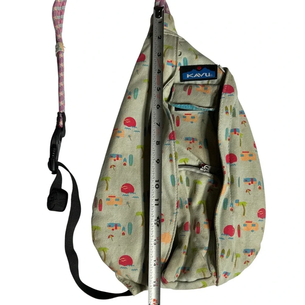 KAVU‎ Rope Bag Sling Backpack Summer Beach Camper Print Canvas Tan Pink Blue